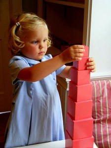 Primary Student Concentrating On Pink Tower